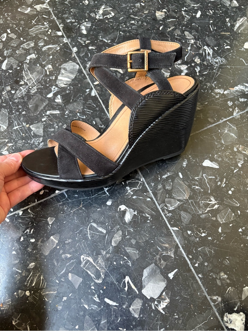 NEW Vionic Orthopedic Comfortable Black Suede- Wedge sandal .
